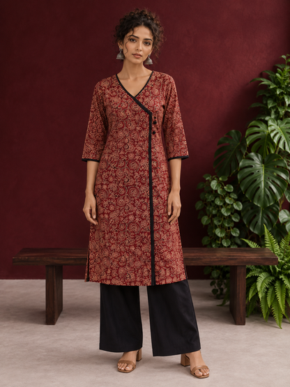 Maroon Cotton Kurta with Ajrakh Floral Print, Black Contrast Binding & Angrakha Style Wrap Front — front view