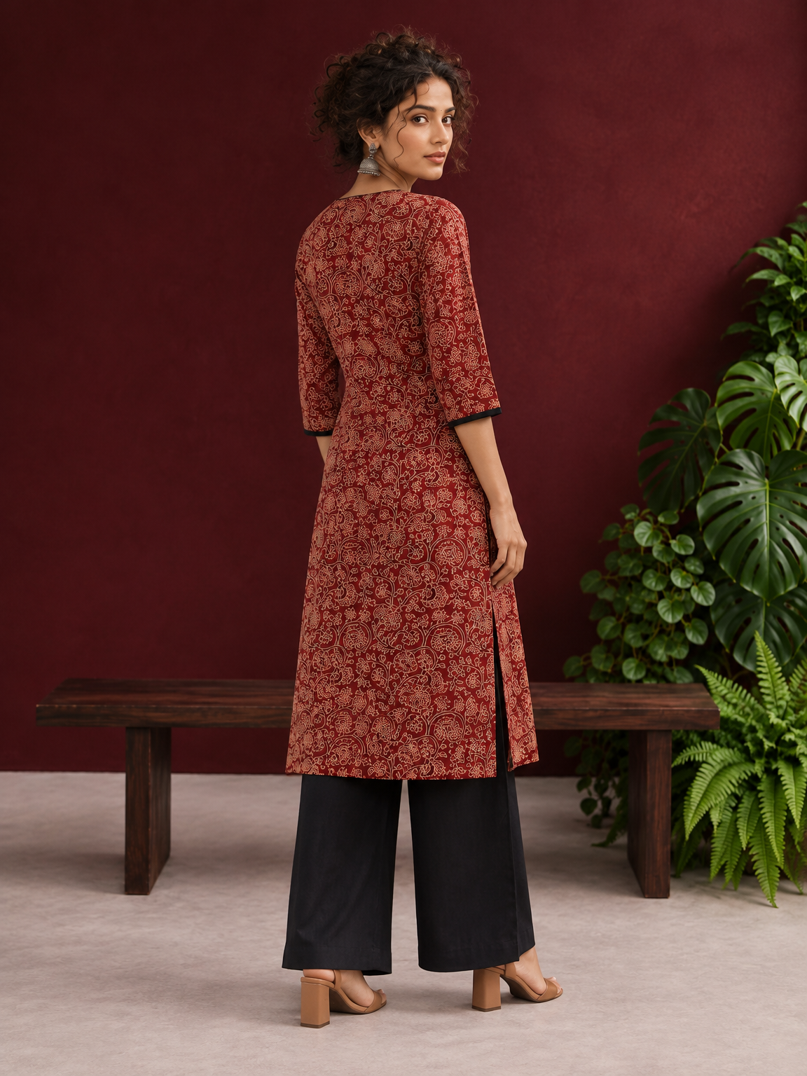 Maroon Cotton Kurta with Ajrakh Floral Print, Black Contrast Binding & Angrakha Style Wrap Front — back view — view 3