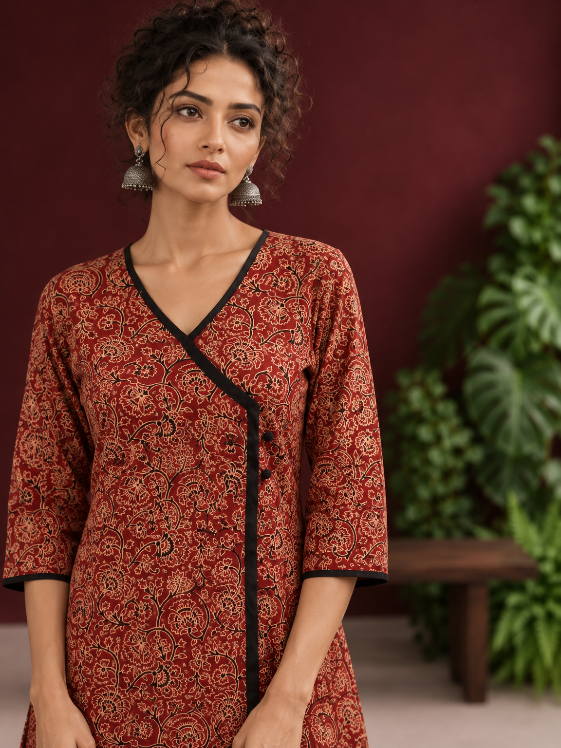 Maroon Cotton Kurta with Ajrakh Floral Print, Black Contrast Binding & Angrakha Style Wrap Front — fabric detail — view 4