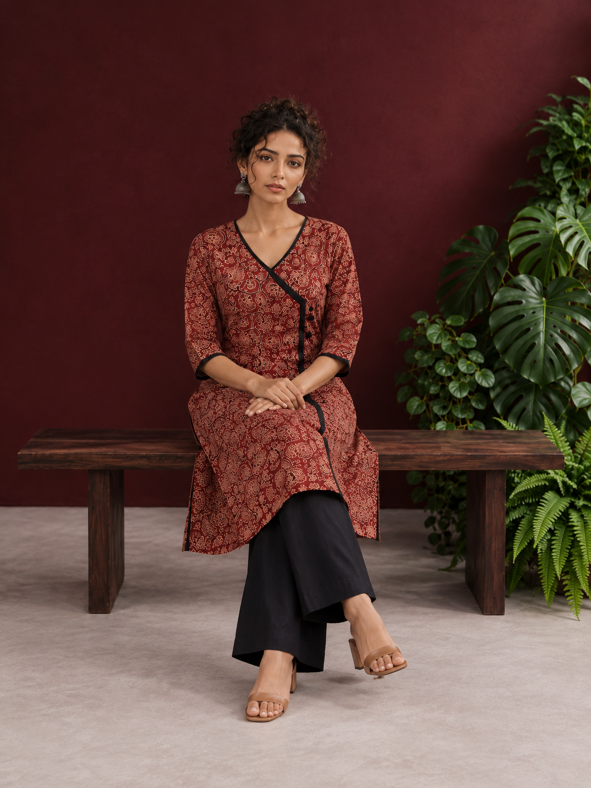 Maroon Cotton Kurta with Ajrakh Floral Print, Black Contrast Binding & Angrakha Style Wrap Front