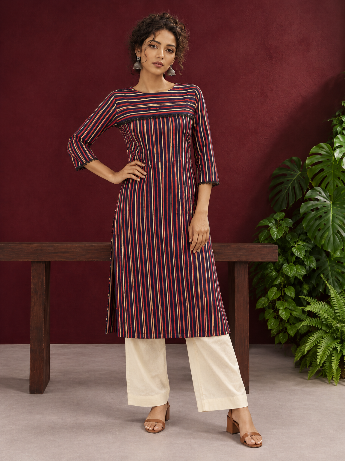 Classic Striped Cotton Kurta with Contrast Yoke Panel & Black Lace Trimmed Cuffs | Optional Pant