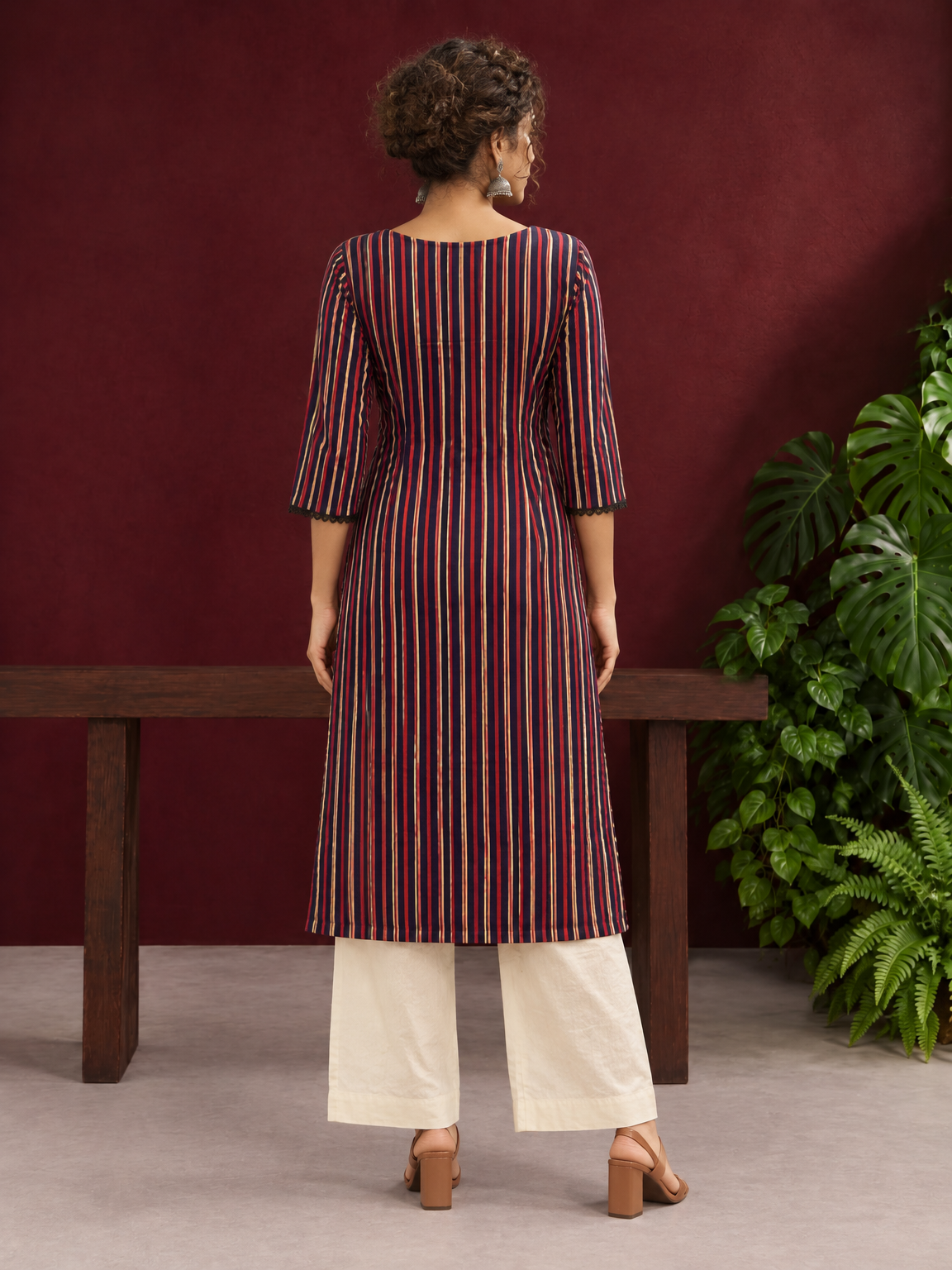 Classic Striped Cotton Kurta with Contrast Yoke Panel & Black Lace Trimmed Cuffs — back view — view 2