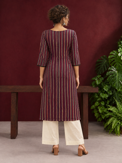 Classic Striped Cotton Kurta with Contrast Yoke Panel & Black Lace Trimmed Cuffs — back view