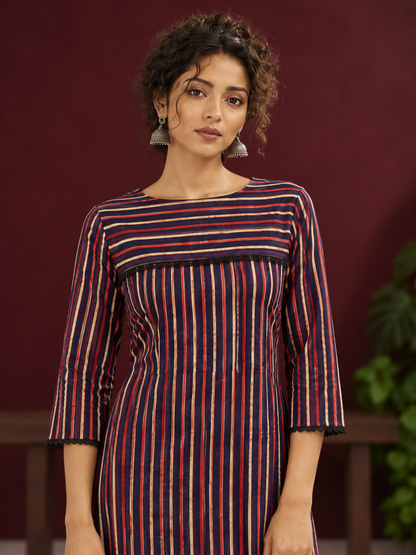 Classic Striped Cotton Kurta with Contrast Yoke Panel & Black Lace Trimmed Cuffs — fabric detail