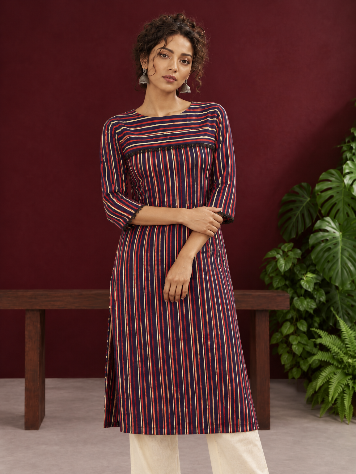 Classic Striped Cotton Kurta with Contrast Yoke Panel & Black Lace Trimmed Cuffs — styled view — view 4