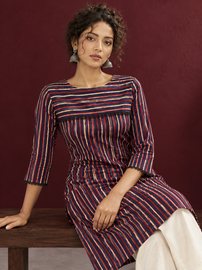Classic Striped Cotton Kurta with Contrast Yoke Panel & Black Lace Trimmed Cuffs — seated detail