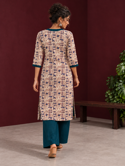 Beige Cotton Kurta with Tribal Motif Print & Contrast Teal Blue V-Neck Panel — back view