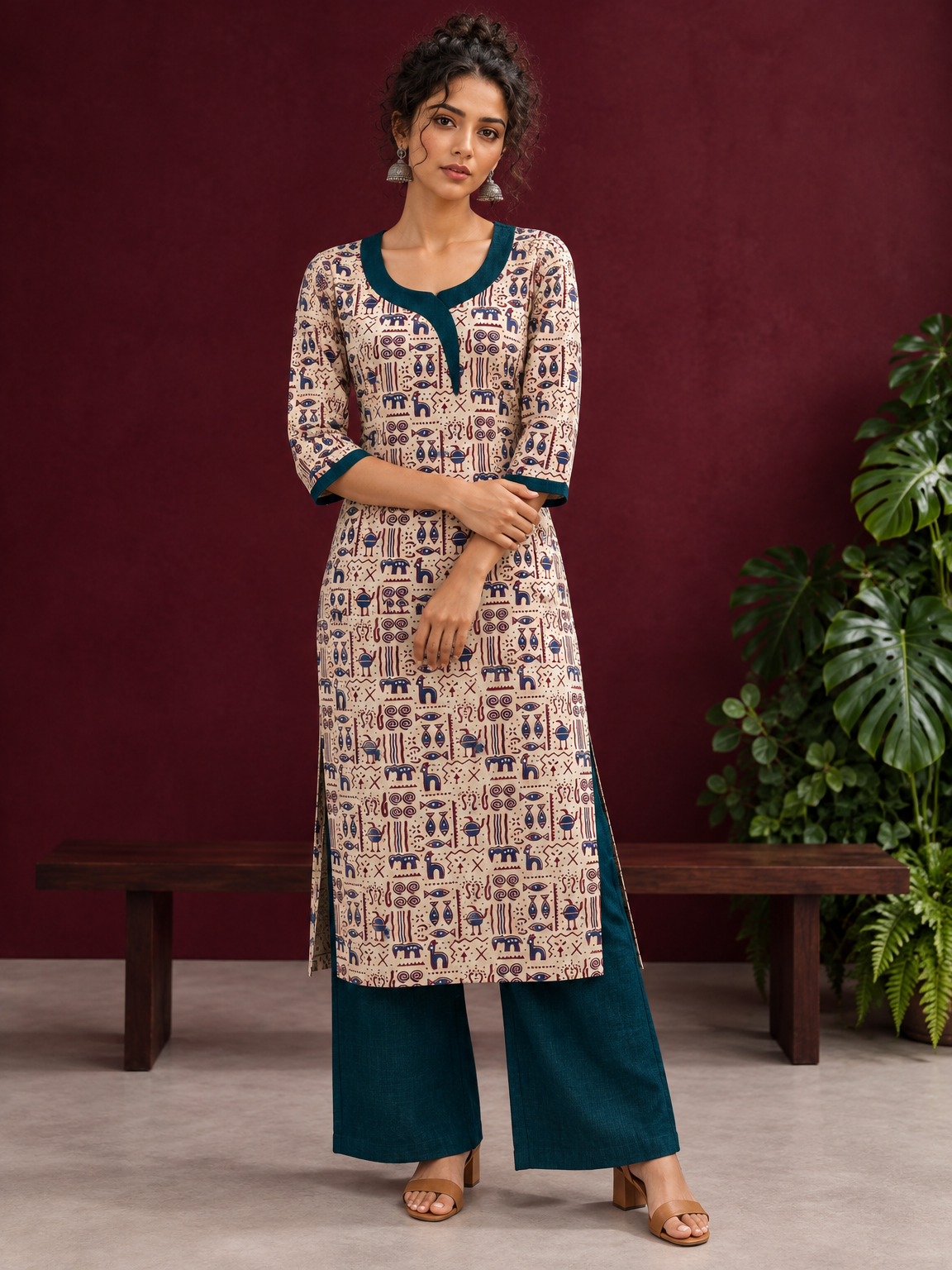 Beige Cotton Kurta with Tribal Motif Print & Contrast Teal Blue V-Neck Panel