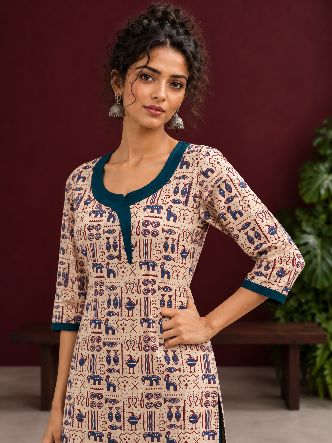 Beige Cotton Kurta with Tribal Motif Print & Contrast Teal Blue V-Neck Panel — styled view — view 3