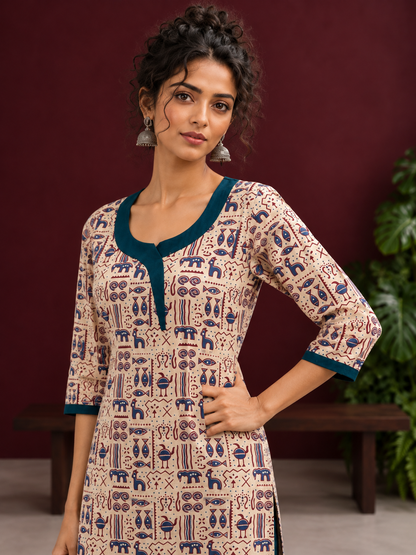 Beige Cotton Kurta with Tribal Motif Print & Contrast Teal Blue V-Neck Panel — styled view
