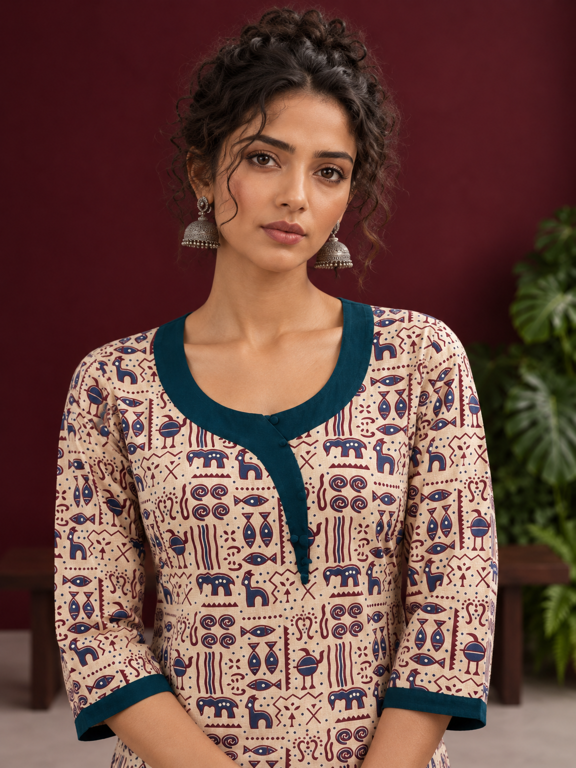 Beige Cotton Kurta with Tribal Motif Print & Contrast Teal Blue V-Neck Panel — fabric detail — view 2