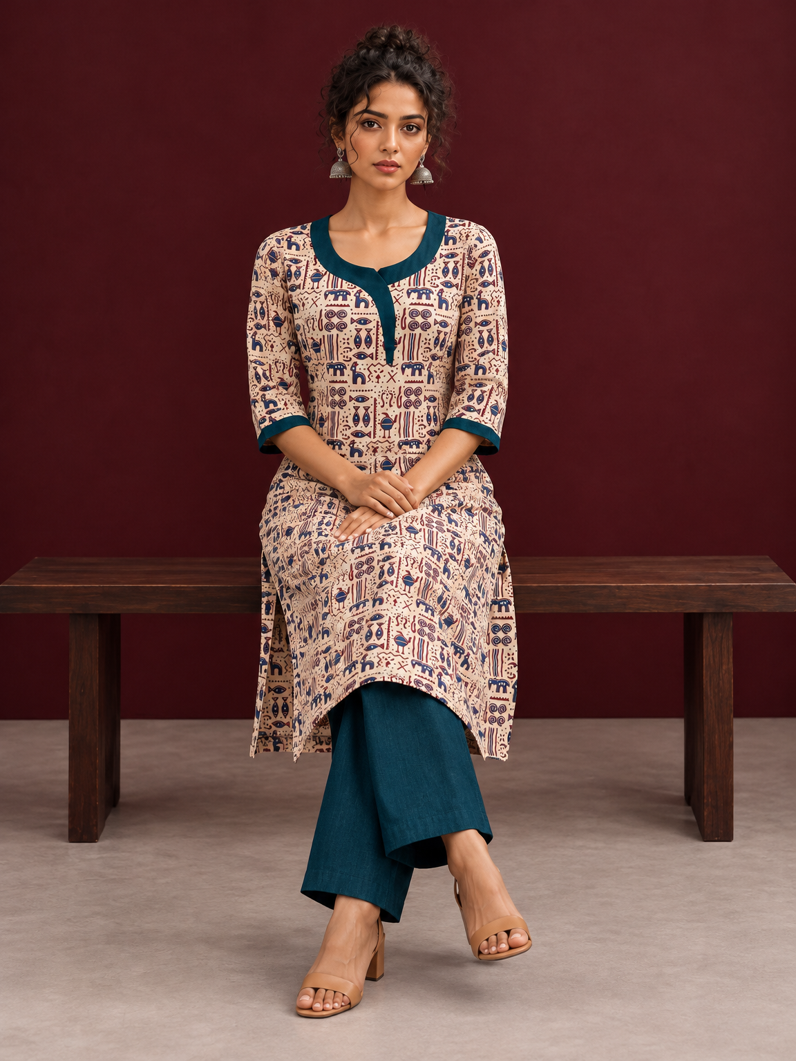 Beige Cotton Kurta with Tribal Motif Print & Contrast Teal Blue V-Neck Panel — seated — view 5