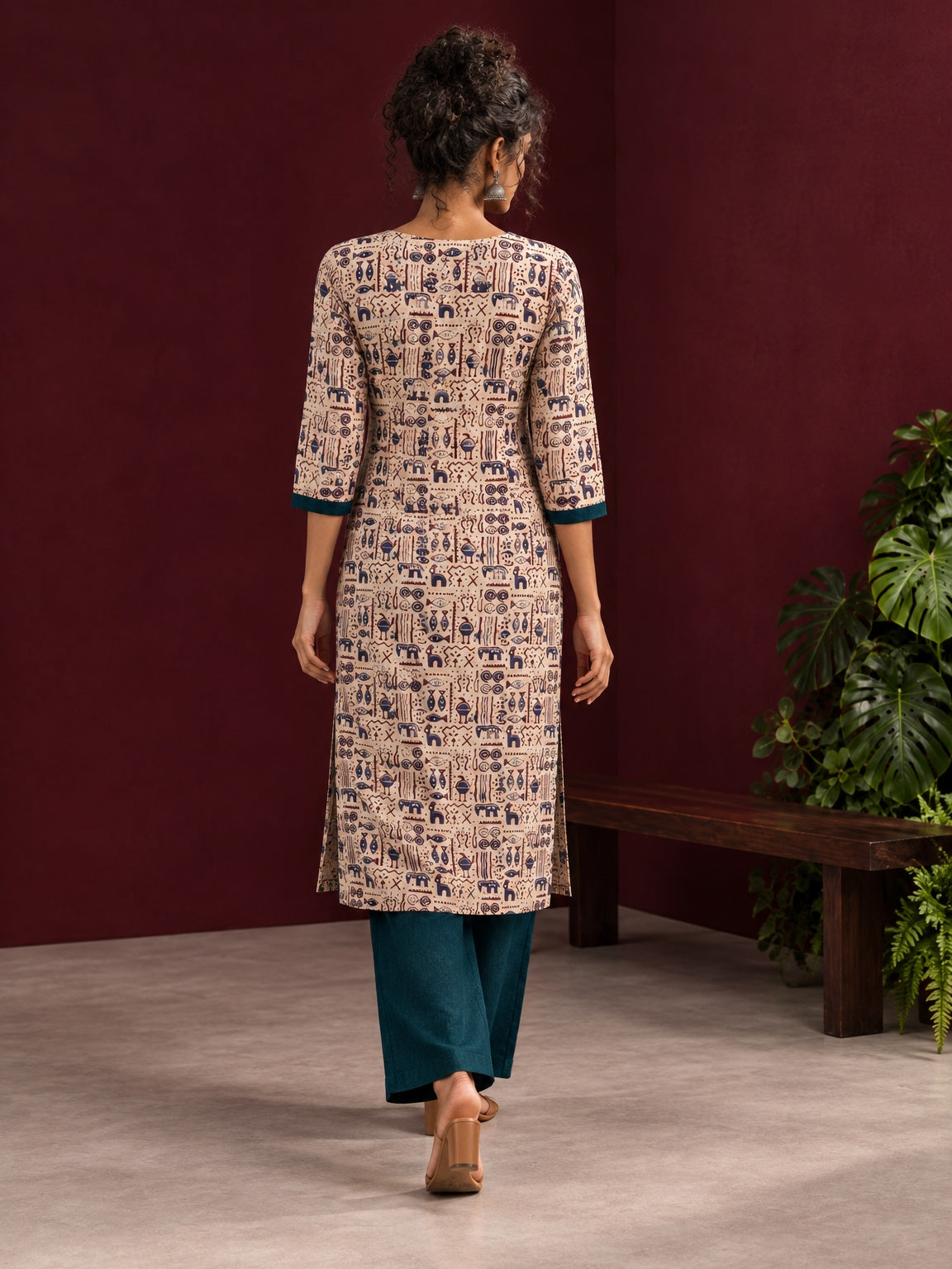 Beige Cotton Kurta with Tribal Motif Print & Contrast Teal Blue V-Neck Panel — view 6