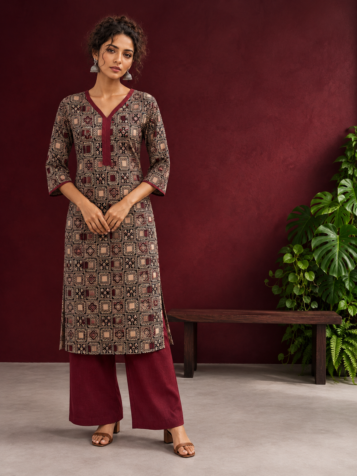 Timeless Black Ajrakh Print Cotton Kurta with Maroon V-Neck — front view — view 2
