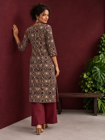 Timeless Black Ajrakh Print Cotton Kurta with Maroon V-Neck — back view