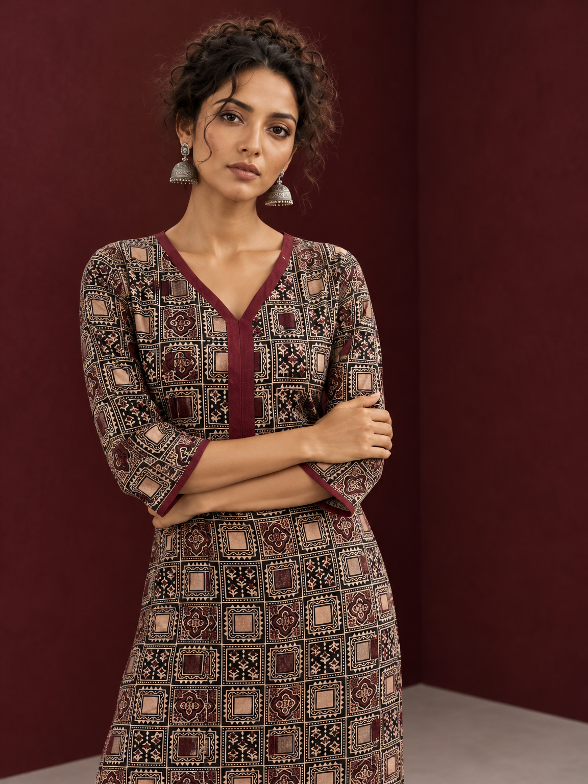 Timeless Black Ajrakh Print Cotton Kurta with Maroon V-Neck — styled view — view 5