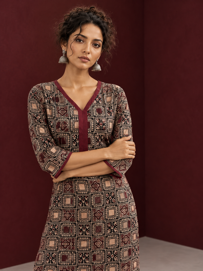 Timeless Black Ajrakh Print Cotton Kurta with Maroon V-Neck — styled view
