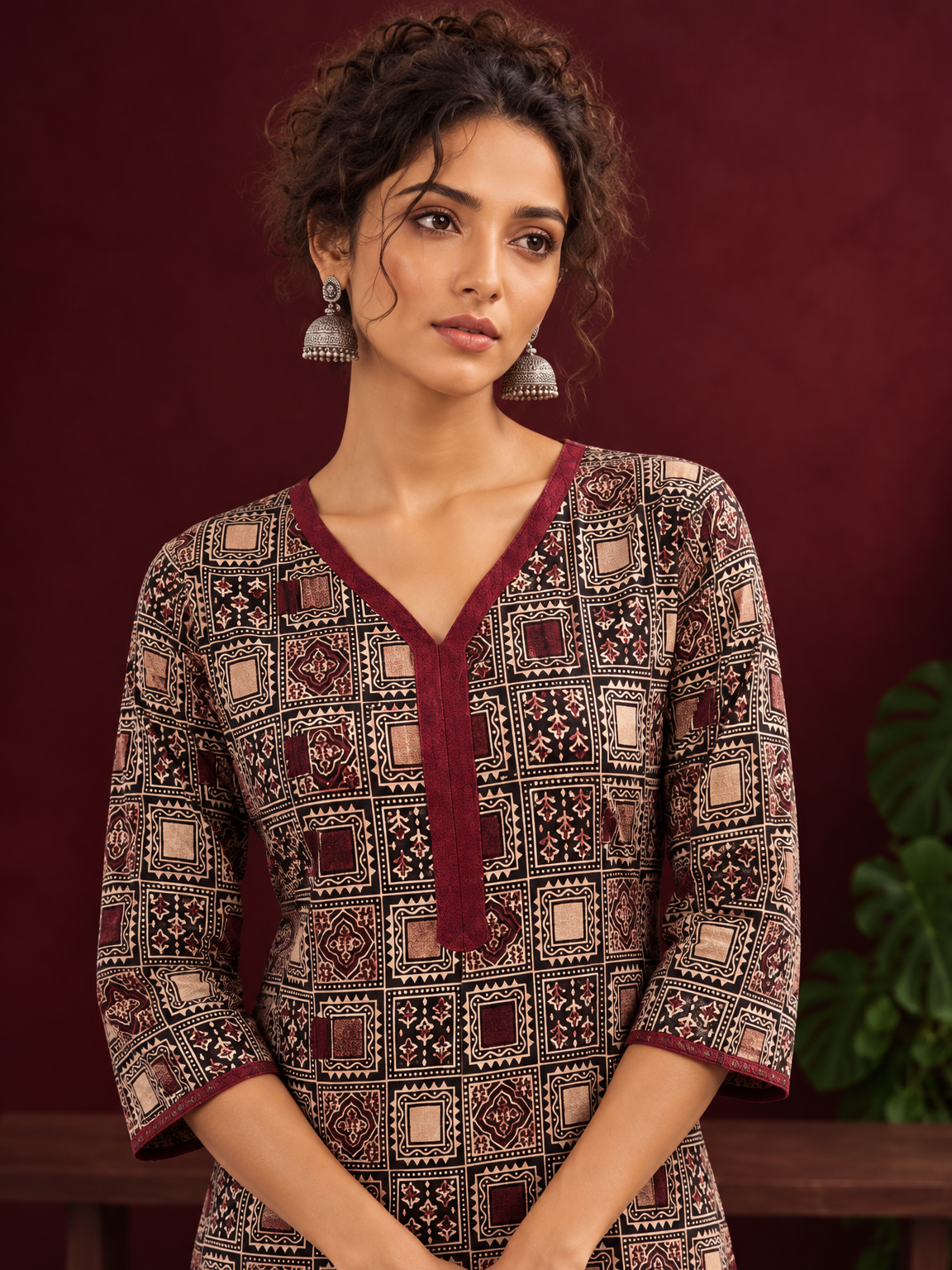 Timeless Black Ajrakh Print Cotton Kurta with Maroon V-Neck — fabric detail — view 4