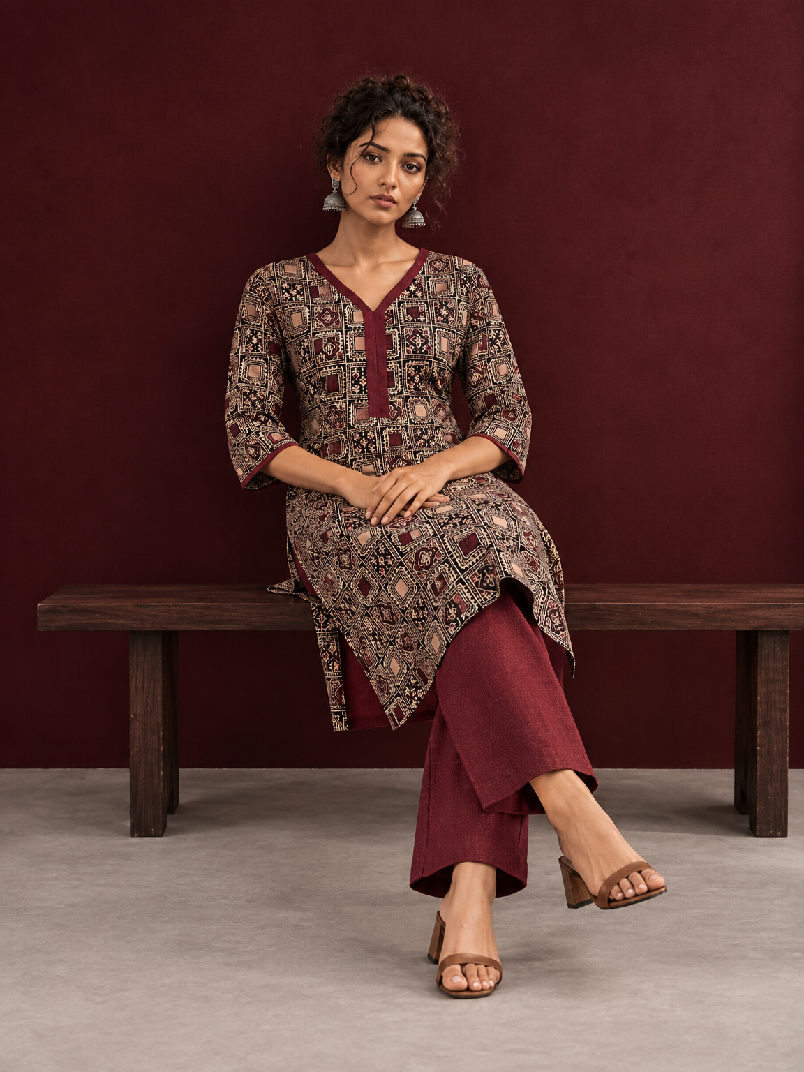 Timeless Black Ajrakh Print Cotton Kurta with Maroon V-Neck | Optional Pant