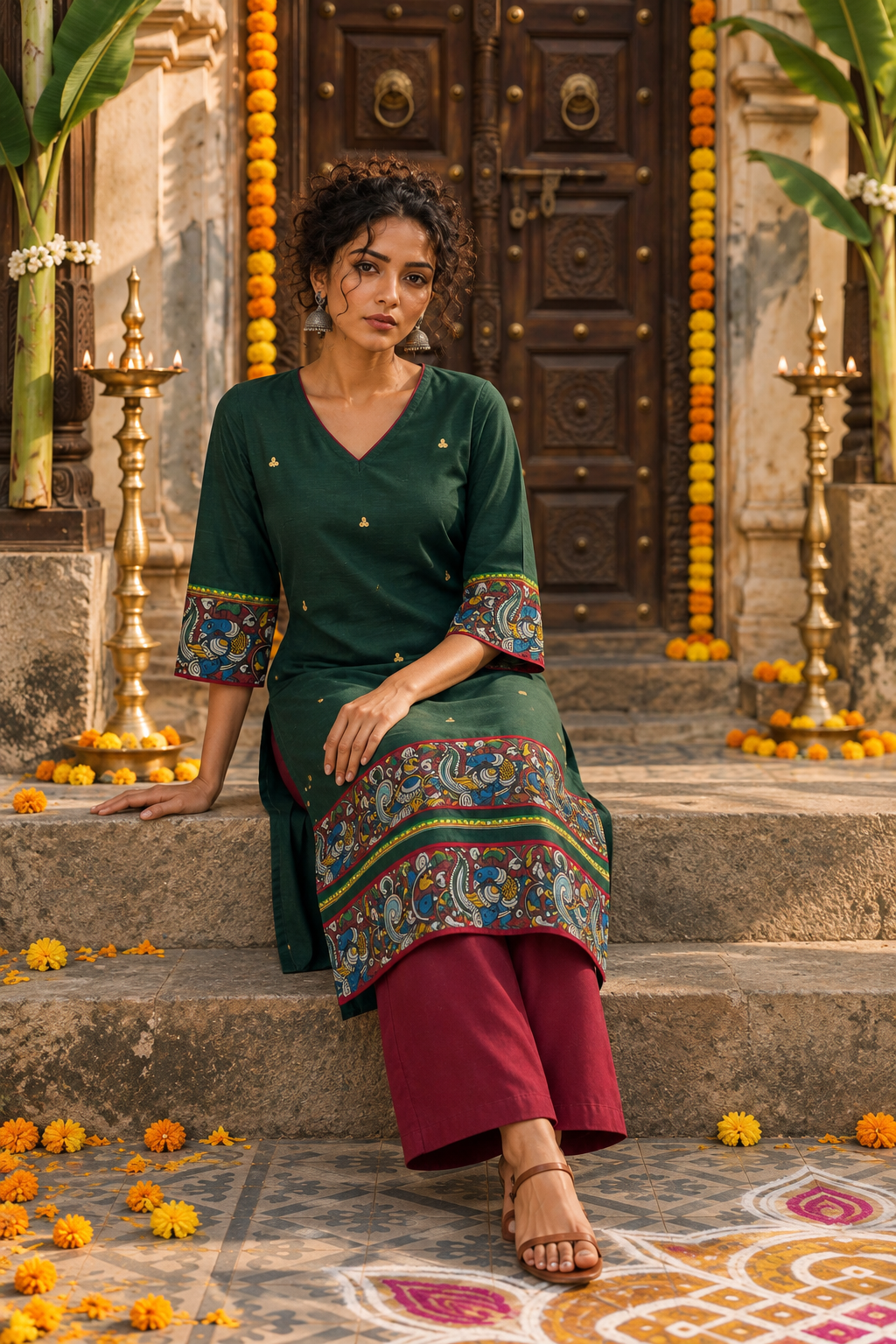 Bottle Green Cotton Silk Kurta with Kalamkari Print Sleeve Cuffs and Hem Border with Gold Hand Embroidery