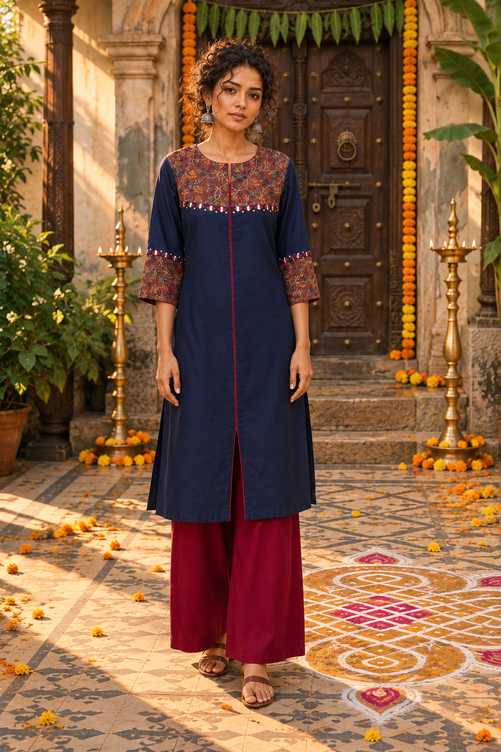 Elegant Navy Blue Cotton Silk Kurta with Mirror Embellished Kalamkari Print Yoke & Sleeve Cuffs