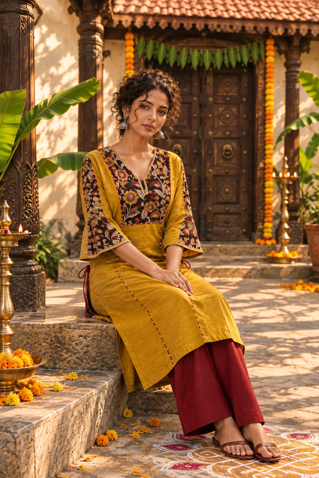 Graceful Mustard Cotton Silk Kurta with Black Kalamkari Floral Print Yoke and Statement Overlapping Sleeves