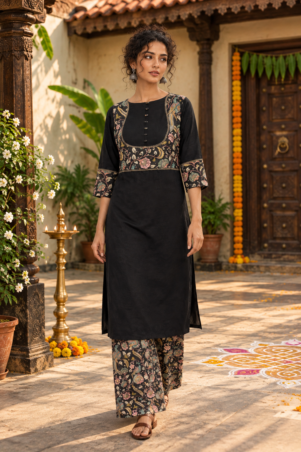 Exquisite Black Cotton Silk Kurta with Kalamkari Printed Yoke & Contrast Printed Sleeve Cuffs