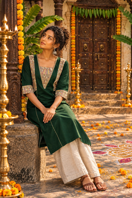 Elegant Bottle Green Cotton Silk Kurta with Madhubani Printed Yoke & Contrast Sleeve Cuffs — seated