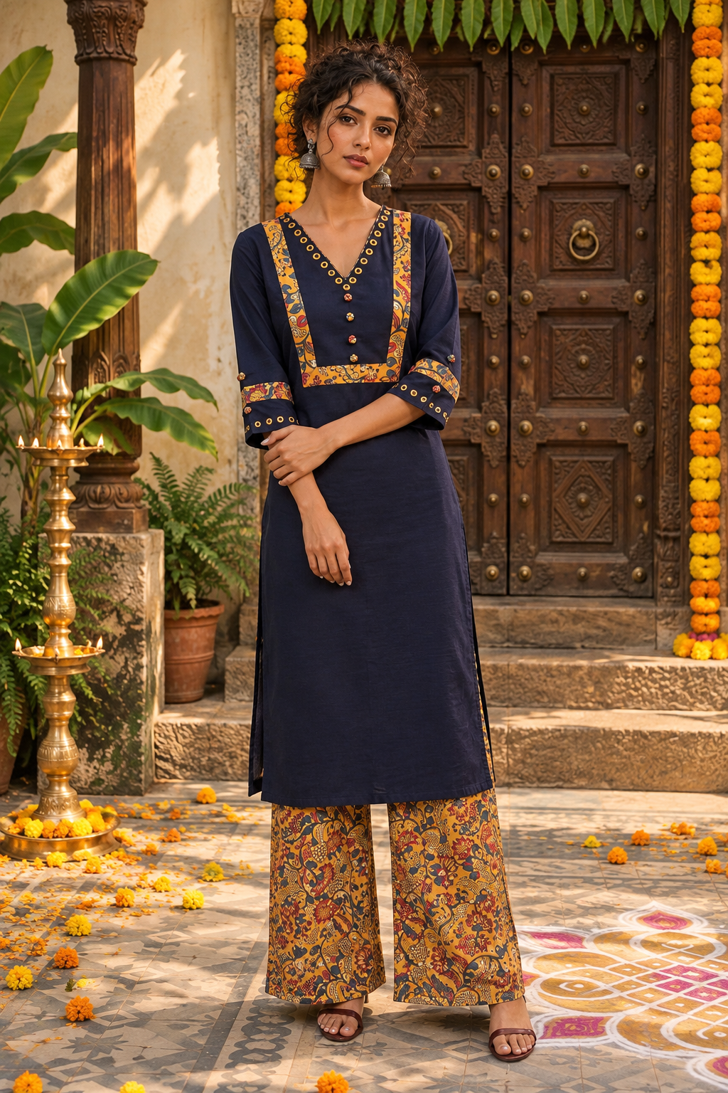 Elegant Navy Blue Cotton Silk Kurta with Mustard Kalamkari Print Yoke and Mirror Work Neckline & Sleeves