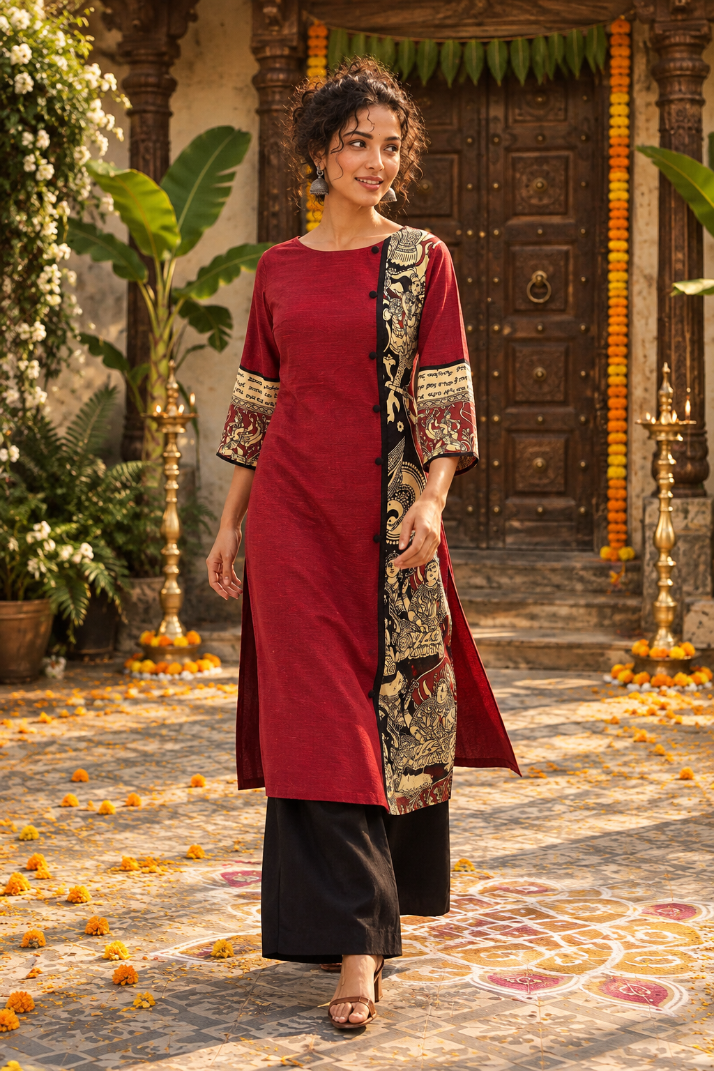 Maroon Cotton Silk Kurta with Kalamkari Printed Front Panel & Coordinated Sleeve Border