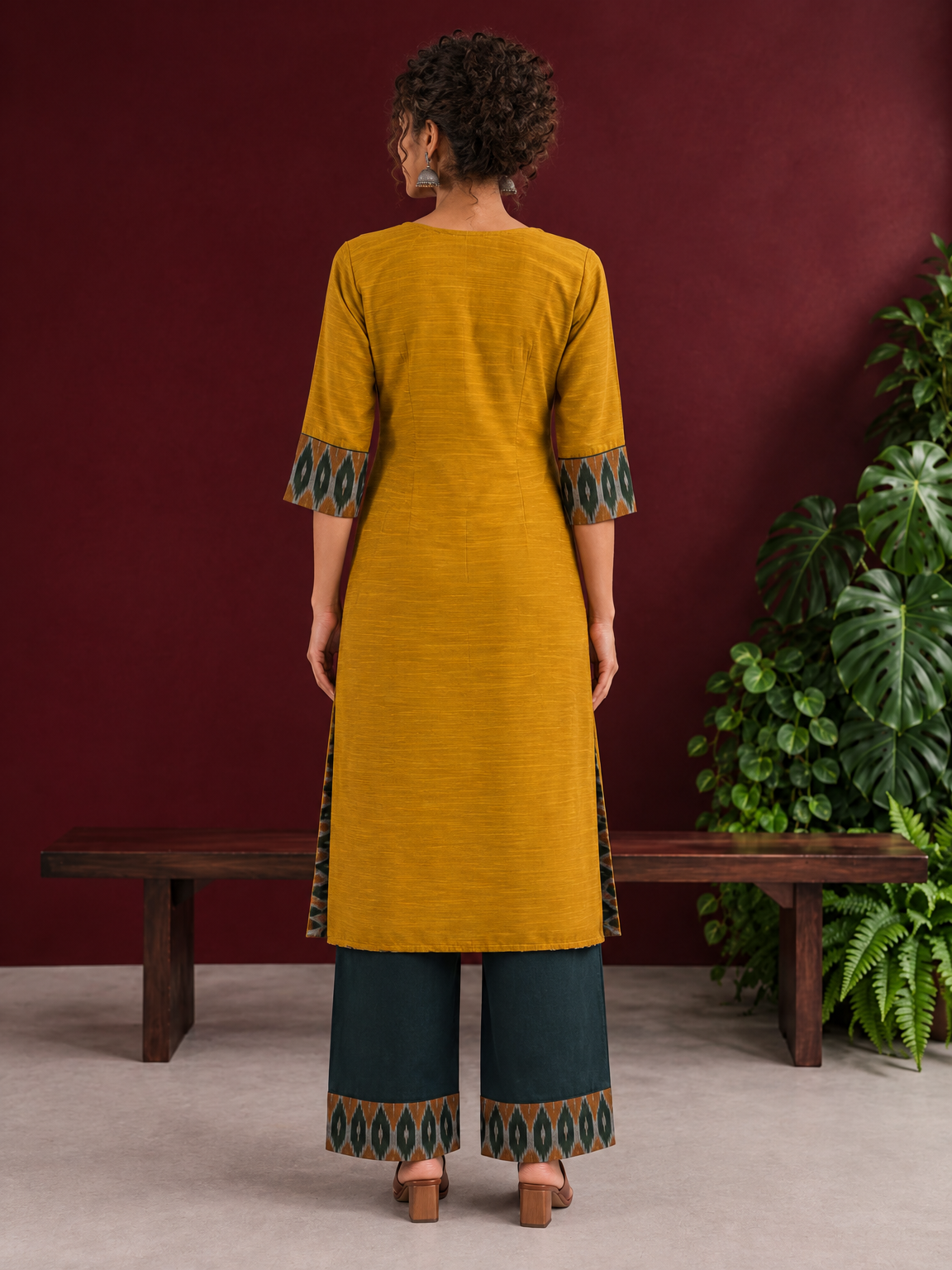 Mustard Yellow Cotton Silk Kurta with Ikat Yoke and Contrast Sleeve Cuffs — back view — view 2