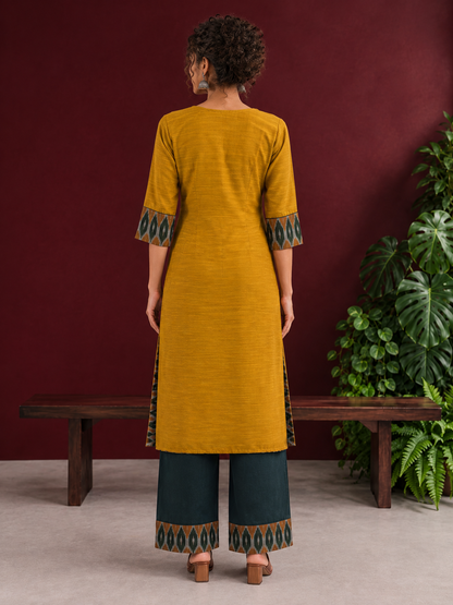 Mustard Yellow Cotton Silk Kurta with Ikat Yoke and Contrast Sleeve Cuffs — back view