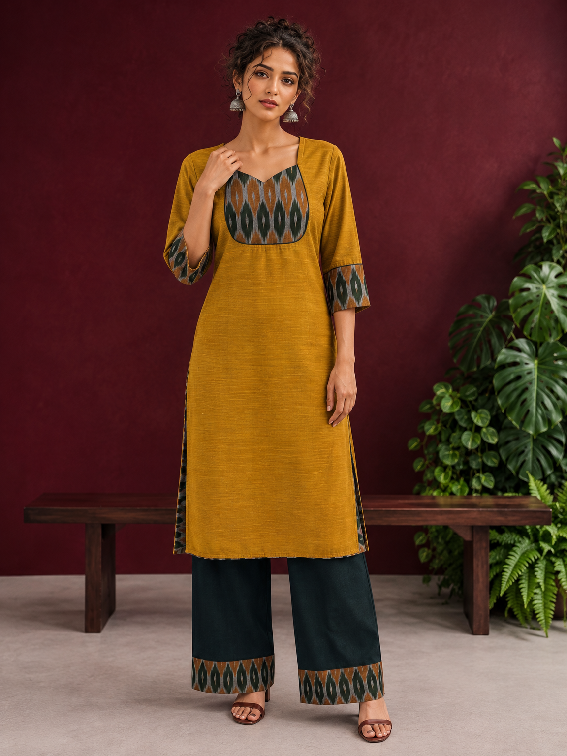 Mustard Yellow Cotton Silk Kurta with Ikat  Yoke and Contrast Sleeve Cuffs