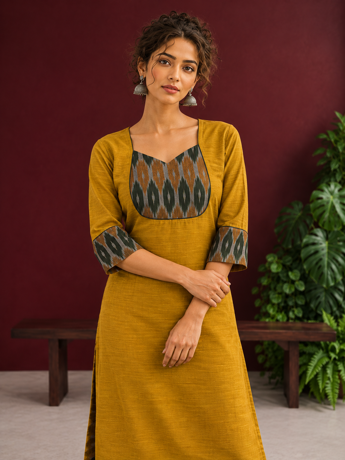 Mustard Yellow Cotton Silk Kurta with Ikat Yoke and Contrast Sleeve Cuffs — styled view — view 4
