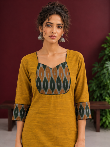 Mustard Yellow Cotton Silk Kurta with Ikat Yoke and Contrast Sleeve Cuffs — fabric detail