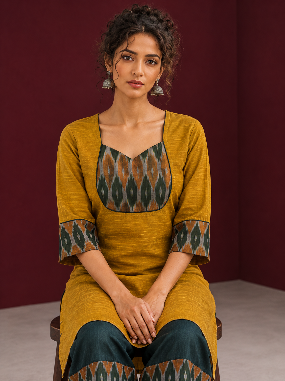 Mustard Yellow Cotton Silk Kurta with Ikat Yoke and Contrast Sleeve Cuffs — seated detail — view 5