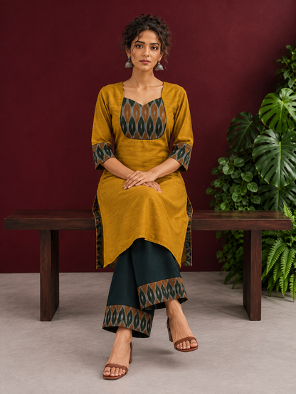 Mustard Yellow Cotton Silk Kurta with Ikat Yoke and Contrast Sleeve Cuffs — seated