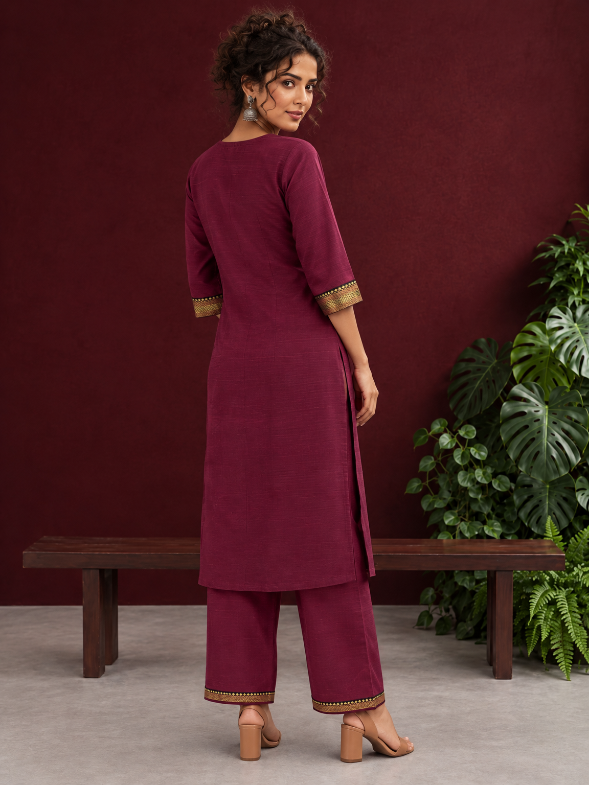 Elegant Maroon Silk Kurta with Contrast Golden Zari Border Placket & Coordinated Sleeve Cuffs — back view — view 2