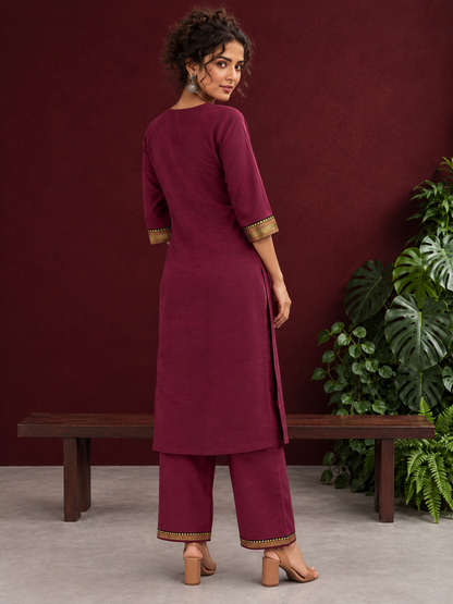 Elegant Maroon Silk Kurta with Contrast Golden Zari Border Placket & Coordinated Sleeve Cuffs — back view