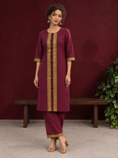 Elegant Maroon Silk Kurta with Contrast Golden Zari Border Placket & Coordinated Sleeve Cuffs — front view
