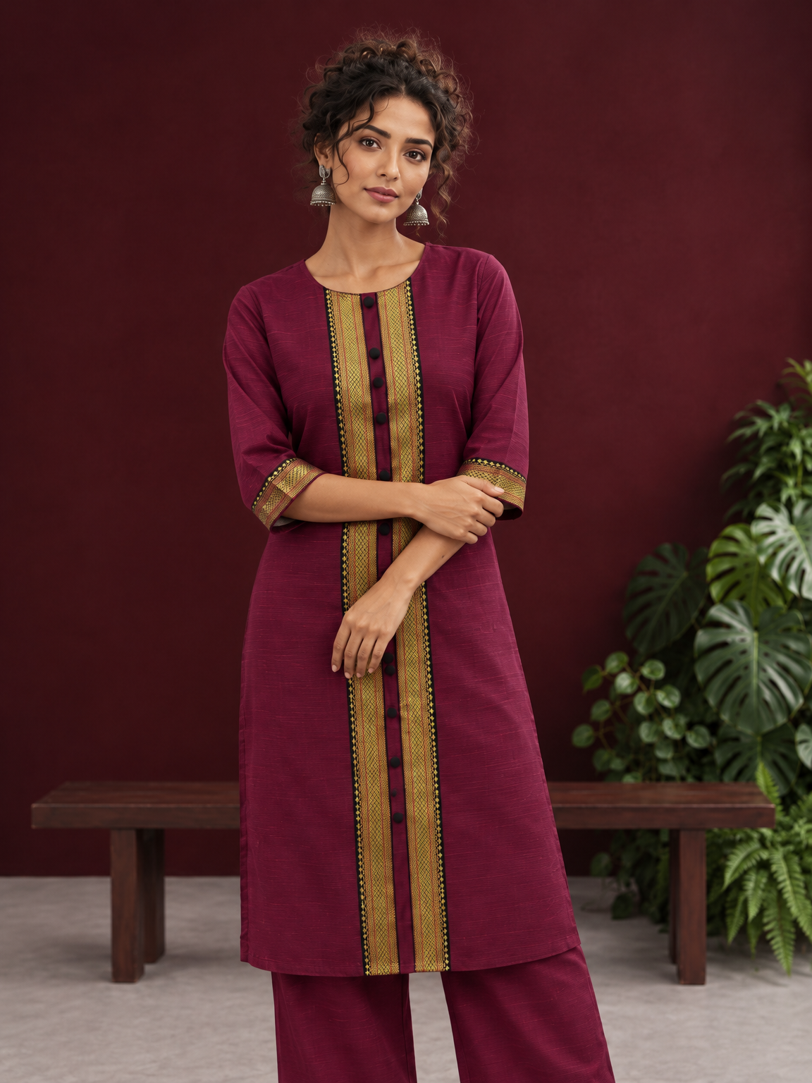 Elegant Maroon Silk Kurta with Contrast Golden Zari Border Placket & Coordinated Sleeve Cuffs — styled view — view 4