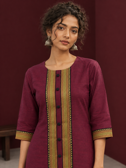 Elegant Maroon Silk Kurta with Contrast Golden Zari Border Placket & Coordinated Sleeve Cuffs — fabric detail