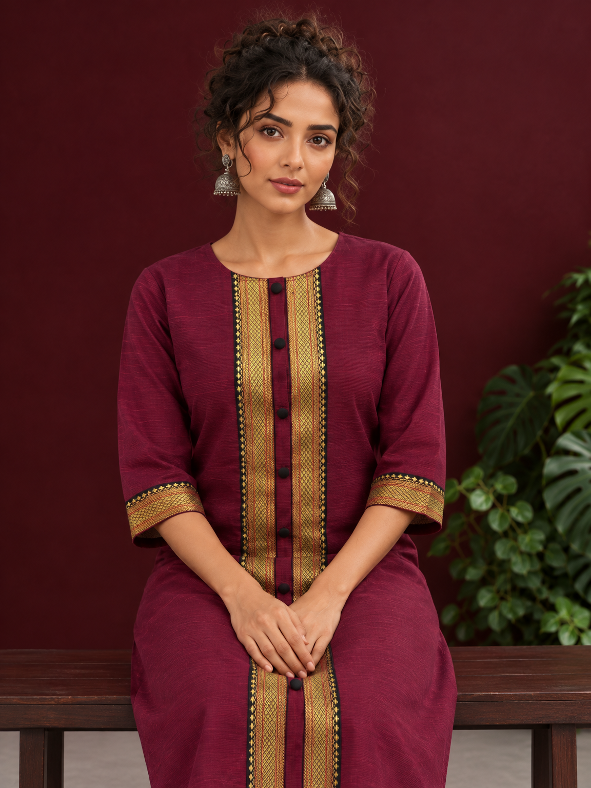 Elegant Maroon Silk Kurta with Contrast Golden Zari Border Placket & Coordinated Sleeve Cuffs — seated detail — view 5