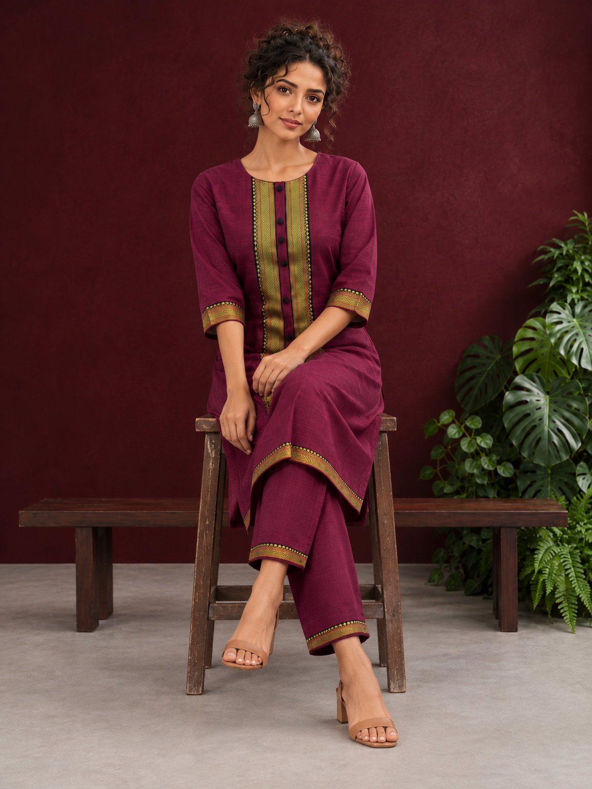 Elegant Maroon Silk Kurta with Contrast Golden Zari Border Placket & Coordinated Sleeve Cuffs — seated — view 6