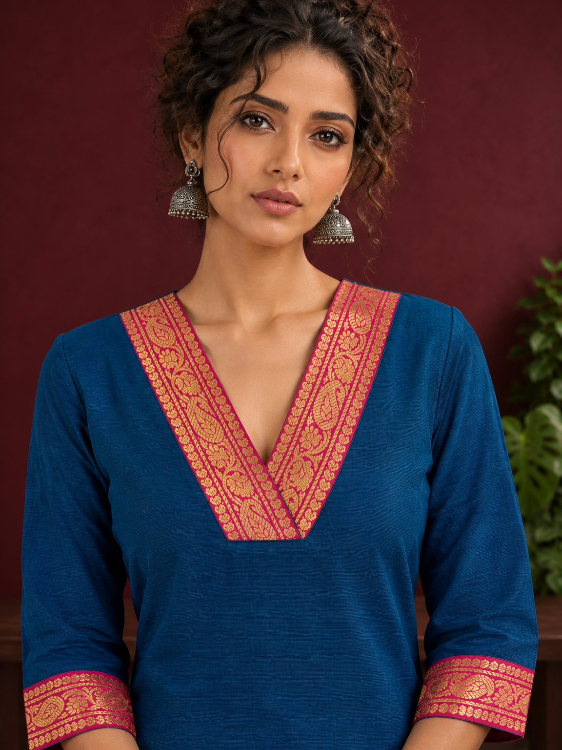 Elegant Peacock Blue Cotton Kurta with Contrast Pink & Gold Woven Border Neckline and Matching Salwar — fabric detail — view 3