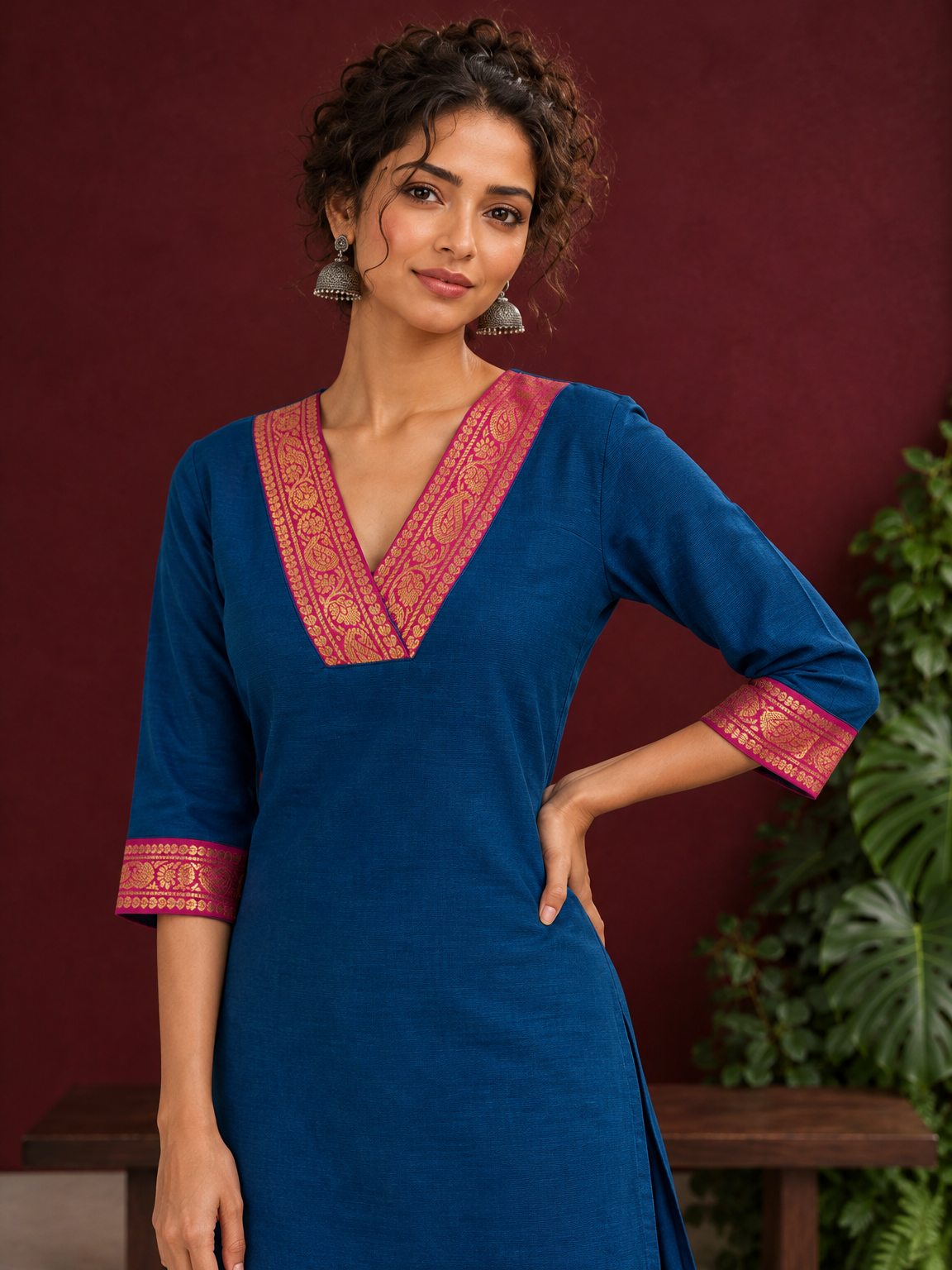Elegant Peacock Blue Cotton Kurta with Contrast Pink & Gold Woven Border Neckline and Matching Salwar — styled view — view 4