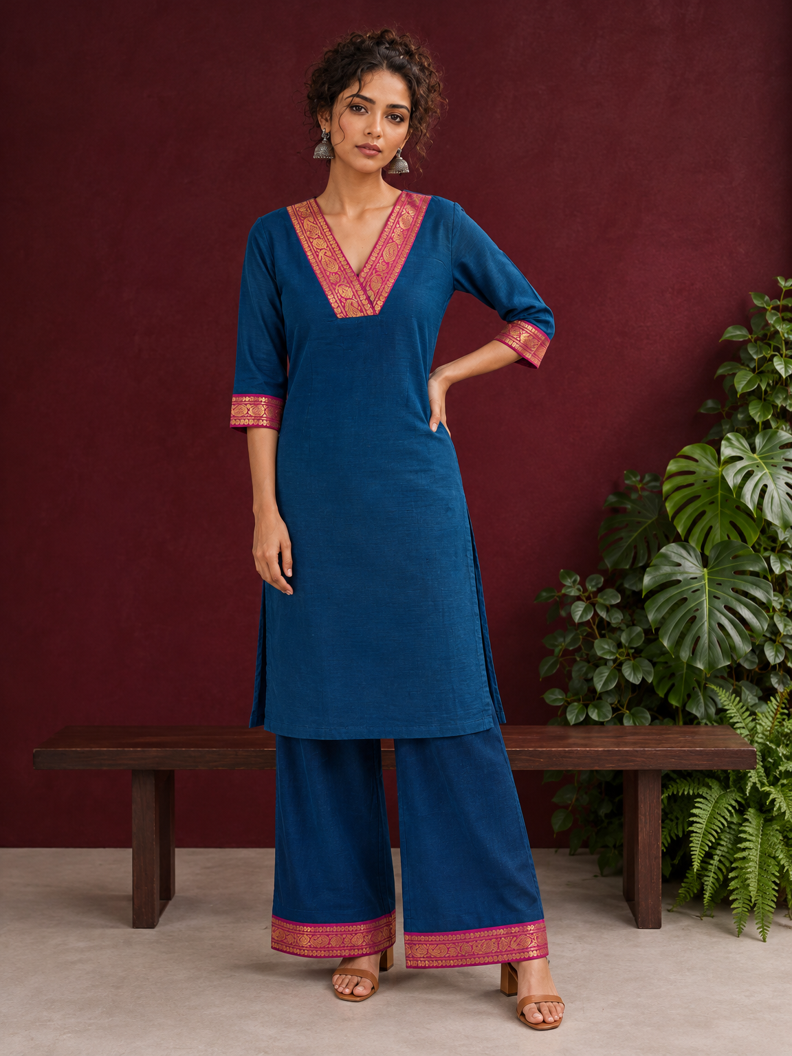 Elegant Peacock Blue Cotton Kurta with Contrast Pink & Gold Woven Border Neckline and Matching Salwar