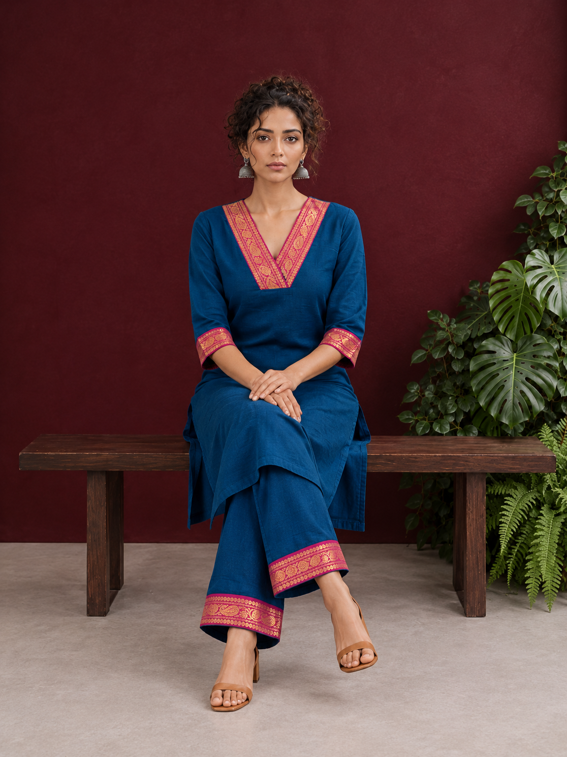 Elegant Peacock Blue Cotton Kurta with Contrast Pink & Gold Woven Border Neckline and Matching Salwar — seated — view 6