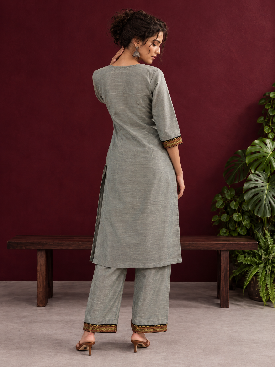Elegant Sage Green Silk Kurta with Black zari Paisley Yoke & Contrast Sleeve Cuffs — back view — view 2