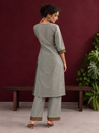 Elegant Sage Green Silk Kurta with Black zari Paisley Yoke & Contrast Sleeve Cuffs — back view